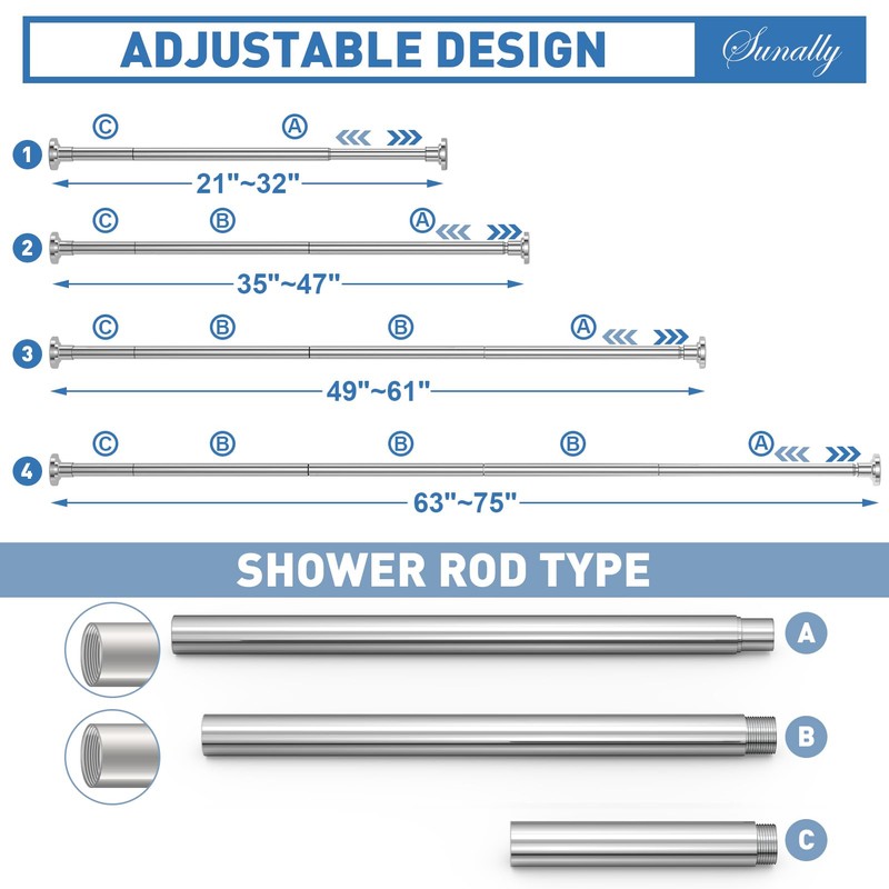 SUNALLY Shower Curtain Rod Adjustable 32-75 Inch, Spring Tension Shower