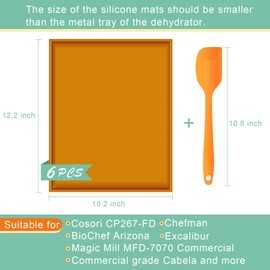 6PCS Silicone Dehydrator Sheets - Nonstick fruit leather trays for dehydrator with Silicone Scraper Compatible with Cosori CP267-FD High Temperature Resistance Reusable for Fruits Meat Herbs (Orange)