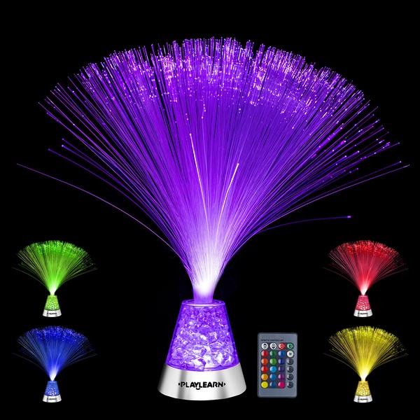 Playlearn 14” LED Fiber Optic Lamp with Remote - USB/Battery Powered – Color Changing Crystal Base – Fiber Optic Light Sensory Lamp