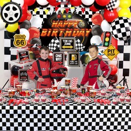 Race Car Birthday Party Decorations - Happy Birthday Racing Car Backdrop, Balloons, Tableware, Car Party Signs, Table Cover for Kids Boys Let's Go Racing Party, Checkered Party Supplies, Serves 20