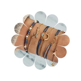 TseenYi Boho Bracelet Set Star Moon Pendant Bangle Stacked Beads Rhinestone Wrist Chain Fashion Bracelet Jewellery for Women and Girls Gift Christmas 6 Pieces, Metal
