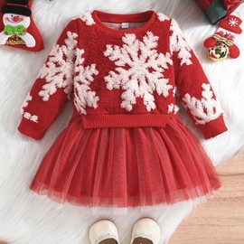 Toddler Girl Christmas Outfit Baby Ugly Christmas Sweater Dress Snowflake Sweatshirt Tulle Tutu Skirt Winter Dresses (Snowflake Sweater Dress-Red, 9-12 Months)