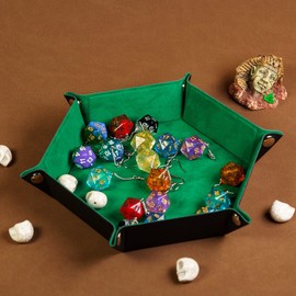 Cusdie Dice Tray Folding Hexagon Dice Tray Leather and Velvet Dice Holder for DND Dice Game Table Games (Forest Green)