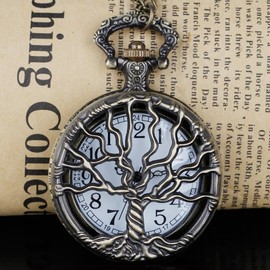 Pocket Watch Hollow Tree of Life Design Roman Numerals Quartz with Chain Birthday Gifts(P-Bronze)