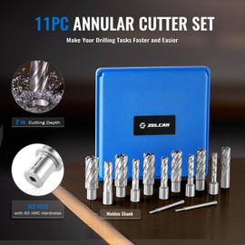 ZELCAN Annular Cutter Set, 11pc Mag Drill Bit Kit with 2" Cutting Depth, 7/16" to 1-1/16" Cutting Diameter, HSS Spiral Flute Annular Cutters with 2 Pilot Pins & Carrying Case for Steel Aluminum Copper