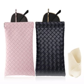2 Pack Squeeze Top Sunglass Case Soft PU Leather Glasses Case Easy Open Lightweight Eyeglass Pouch with 2 Pack Cleaning Cloth Anti-scratch Sunglasses Bag for Women Men(Black + Pink)