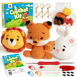 Mocoosy 3PCS Animals Crochet Kit for Beginners, Learn to Crochet Starter Kit for Adults and Kids, Amigurumi Crochet Set with Step-by-Step Video Tutorials, DIY Knitting Kit Include Yarn and Accessories
