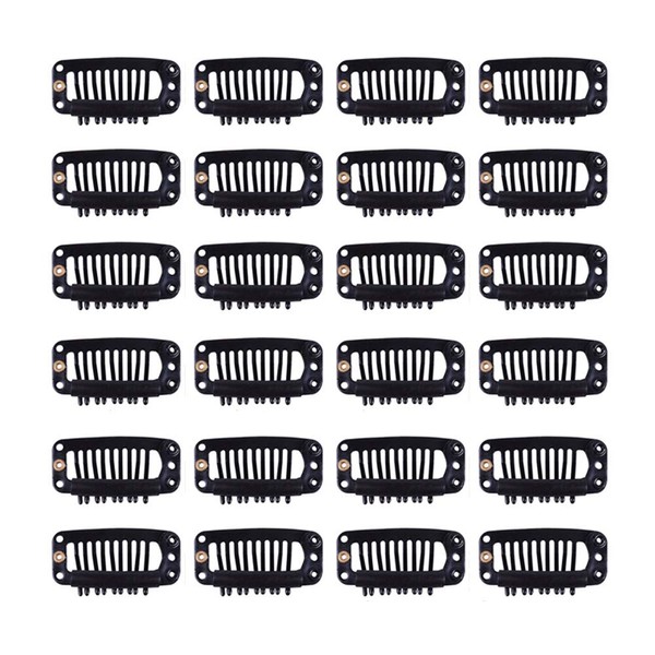 24 pcs/lot 32mm 9-teeth Metal Wig Clips Wig Hair Extension Clips with Rubber Snap Clips for Hairpiece Wig Accessories Clips (Black)