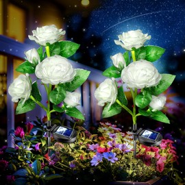 Anordsem Solar Garden Lights Outdoor: 5 Realistic Artificial White Roses Flower 2 Pack- Elegant Minimalist Memorial Lighting for Yard Cemetery Decorative- Gardening Gifts for Homeowners Friend