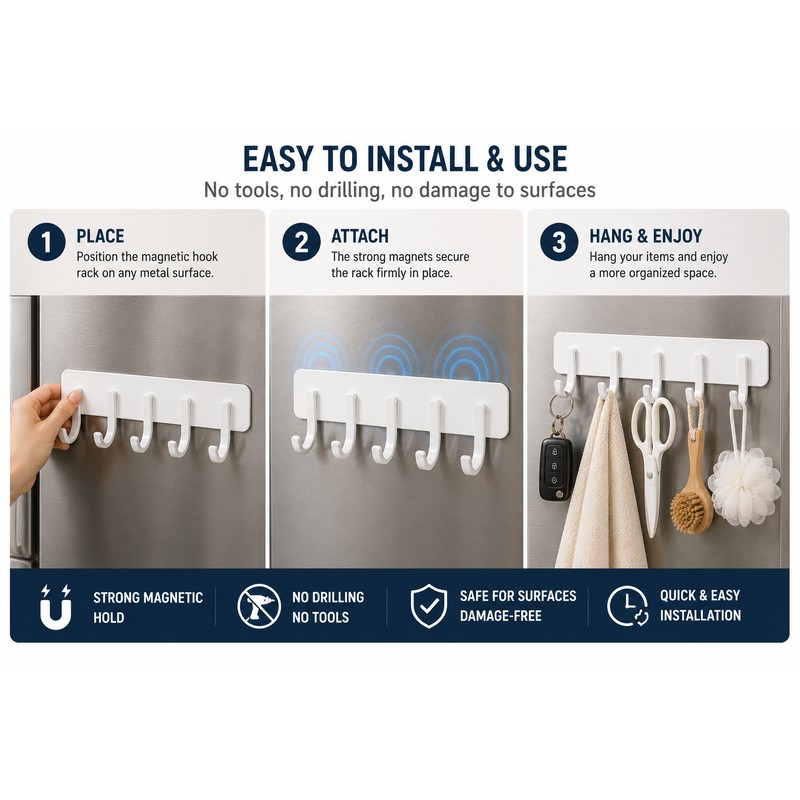 Magnetic Refrigerator Hook Rack with 5 Hanging Hooks, No-Drill Heavy