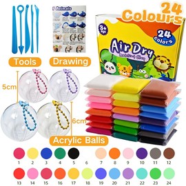 24 Colours Modelling Clay Air Drying with Instructions Book, Plastic Balls for Filling, Foam Plastic Ball, Air-Drying Magic Clay Set for Children, Crafts Gift for Boys and Girls