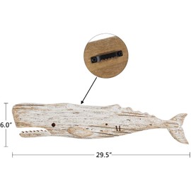 Linfevisi Rustic Nautical Decor Wooden Whale Hanging Wall Decor Wood Whale Decorations Beach Art Ornament Whale Sea Theme Home Decoration Wood Sculpture Whale 29.5" L