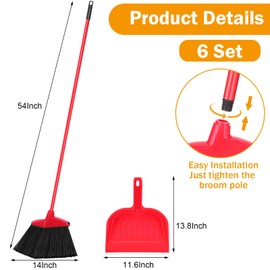 Maxcheck 6 Pcs Broom and Dustpan Set 54 Inch Heavy Duty Indoor Brooms with Dust Pan Combo Bulk for Commercial Shop Angle Home Office Lobby Kitchen(Red)