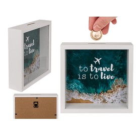 Portafoglio in legno, "to travel is to live", con cornice, circa 20 x 20 cm, bianco