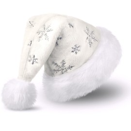 CITÉTOILE White Santa Hat for Adults, Plush Christmas Hat for Women and Men, Warm and Thick Santa Claus Hat with Silver Sequins Snowflake