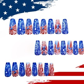 Independence Day Press on Nails Medium Square Red Blue White Stripes False Nail Star Butterfly Pattern Design 4th of July Patriotic Acrylic Nail Full Cover Glossy Artificial Glue on Nails for Women