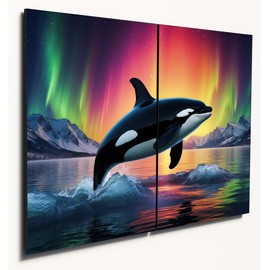 The Plum Penguin Orca Leap Aurora Borealis Wall Art - A4 Twin Set MDF Wooden Home Decor Canvas Alternative 40 x 30cm