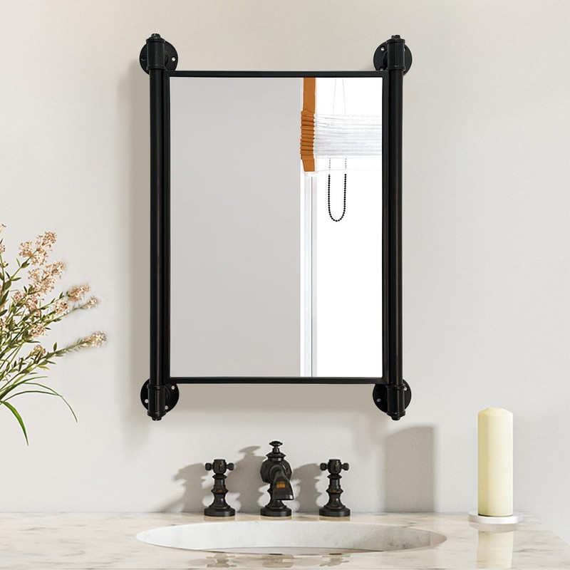 OLDRAINBOW Industrial Pipe Mirror for Bathroom,Rectangle Iron Wall Mirrors for