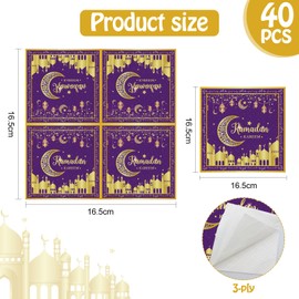 Ramadan Kareem Napkins, Pack of 40 Eid Mubarak Ramadan Napkins Table Decoration Napkins Purple Gold Eid Decoration Star Moon Accessories Ramadan Ramadan Mubarak Tableware Napkins 33 x 33 cm