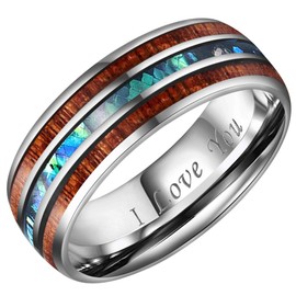 CROWNAL 8mm Rare Koa Wood And Abalone Shell Inlay Tungsten Carbide Ring Men Women Wedding Band High Polished Engraved I Love You Size 7 To 17 (8mm,9.5)