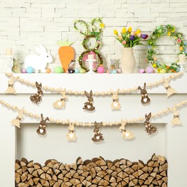 1 Set Easter Mantle Garland 6.56 ft Wood Bunny Easter Beads Banner Rabbits Hanging Garland for Wall Fireplace Shelf Mantle Display Indoor Outdoor Decoration for Home Party Supplies(Rustic)