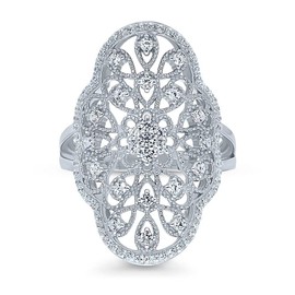 BERRICLE Sterling Silver Flower Cubic Zirconia CZ Statement Navette Fashion Ring for Women, Rhodium Plated Size 7