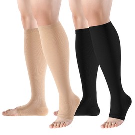 Bropite Calcetines de compresión de punta abierta para hombres y mujeres, 2 pares de calcetines de compresión médica de circulación sin dedos de 15 a 20 mmhg, Negro/Beige, S-M