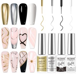 MIZHSE Metallic Gel Liner Nail Art Gold Silver 4 Colors, 3D Mirror Gel Painted Spider Drawing Line, Glossy Painting Swirl French Chrome Effect Nail Design Soak off Manicure Set for Nail Art