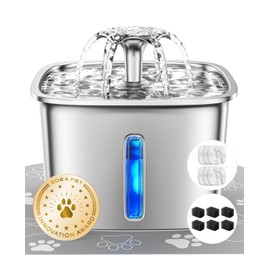 Veken Innovation Award Winner Stainless Steel Cat Water Fountain, 95oz/2.8L Automatic Pet Fountain with 6 Replacement Filters & 6 Pre-Filter Sponges & Silicone Mat for Cats, Dogs (Silver)