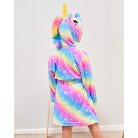Piefry Girls Soft Unicorn Hooded Bathrobe with Unicorn Slippers, Blindfold and Headband - Gifts for Girls, rainbow