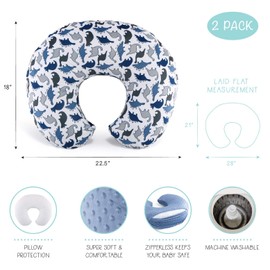 The Peanutshell Nursing Pillow Cover Set for Baby Boys or Girls | Dinosaur & Navy Blue Minky Dot | Unisex 2 Pack