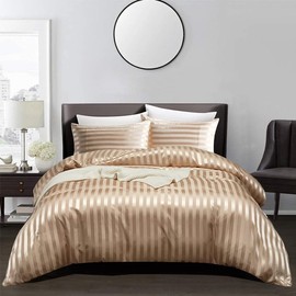 Satin Duvet Cover Sets with Elegant Beautiful Striped Pattern, Italian Style Luxury Silky Soft Khaki Satin Bedding Set Moisture-wicking 3 Piece Double Size Satin Duvet Cover Sheets for All Seasons