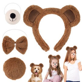 ECLATIQUE Diadema de Felpa, Orejas de Oso y Conejo, Set de 4 Piezas, Disfraz de Cachorro con Nariz(Marrón)