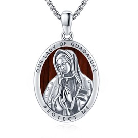 YueYuan Guadalupe Necklace 925 Sterling Silver Religious Necklace Guadalupe Pendant Jewellery Wooden Chain For Men