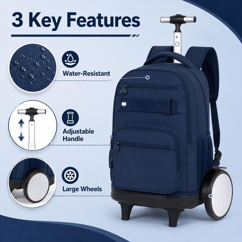 FTJCF 3Pcs Large Wheels Rolling Backpack for Boys Men, 20