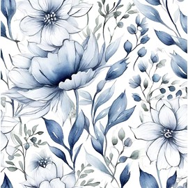 REDAMANCY Watercolor Blue White Peony Floral Ink Flowers Grey Navy Leaf Peel and Stick Wallpaper Stick on Contact Paper Vintage Wall Paper Easy Peel Off for nightstand Drawer Cabinet Renter