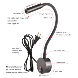 LEDSONLINE Black Reading Lamps LED Wall Mounted Study Reading Light for Bed Headboard Gooseneck US Plug Corded-Electric Sconce Lamp Spot LED AC85-265V(3000K Warm White)