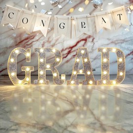 MEHOFOND 2025 Graduation Decorations, 4 Grad Light Up Letters, Class of 2025 Graduation Sign Battery Operated Lights, LED GRAD Marquee Letters for High School College Graduation Party (Silver Glitter)