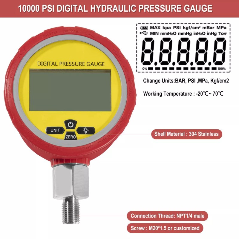 Unbranded Digital Hydraulic Pressure Gauge 10000 PSI/700BAR with 1/4-Inch NPT