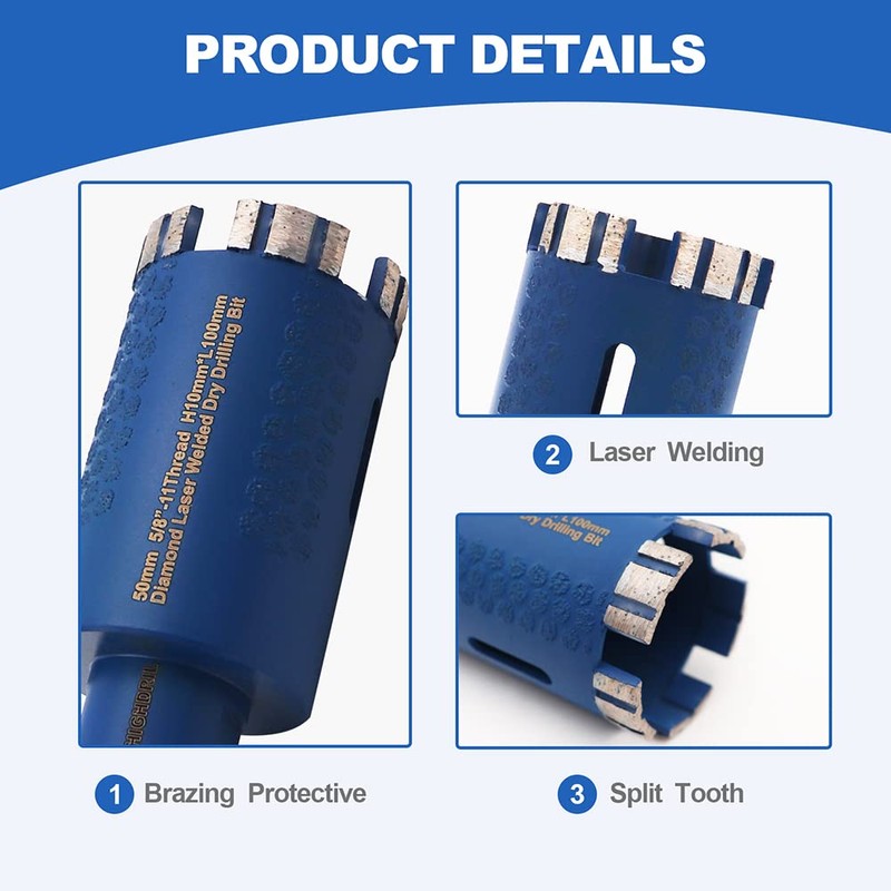 HIGHDRIL Diamond Core Drill Bit,Diameter 2 Inch with 5/8-11 Thread,Dry