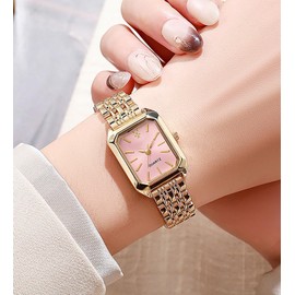 BESTKANG Watches for Women Wrist Watches Steel Strap Womens Watch Casual Fashion Simple Square Quartz Wristwatch (Gold-Pink)
