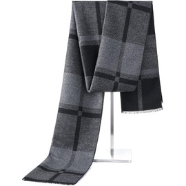 Bufanda de invierno para hombre, estilo cuadrado negro y gris, suave mezcla de cachemira con borlas – Talla única y extra cálida