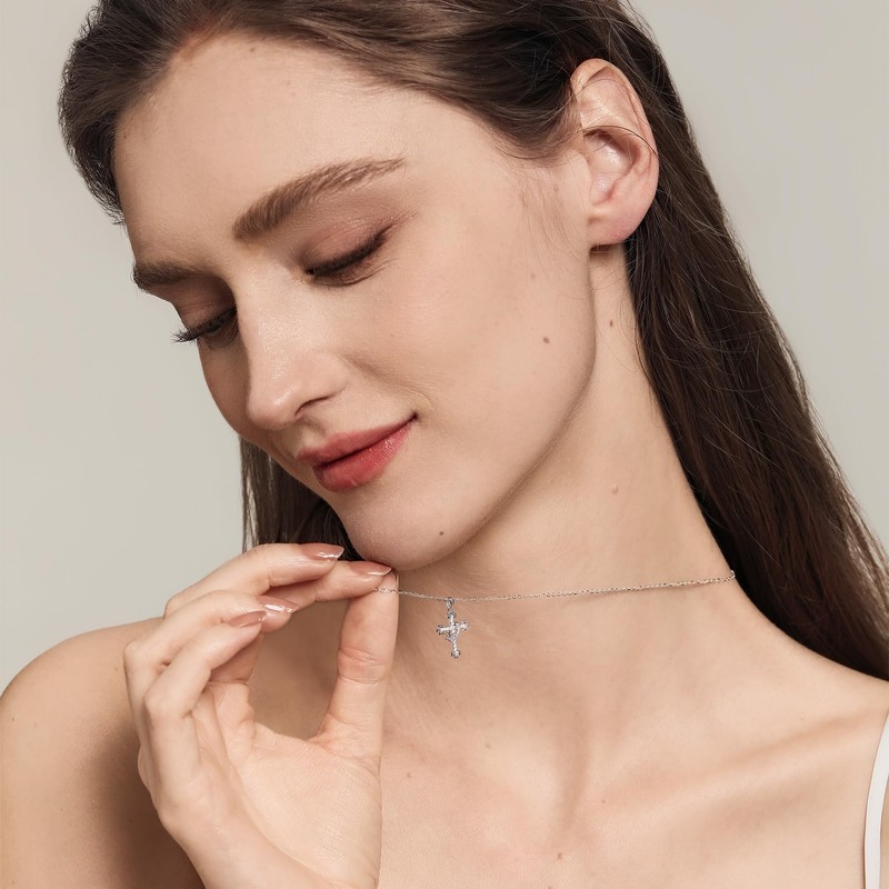 Moissanite Cross Necklace with Crown, 925 Sterling Silve Pendant for