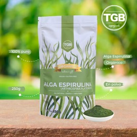 TGB SUPERFOODS | Alga Espirulina en Polvo | 100% Puro | Superalimento Natural, Vegano, Eco Friendly, Sin azucar y Gluten Free | Fuente de Proteínas, Vitaminas y Minerales | Alta en nutrientes y efecto saciante | Contenido 250 g