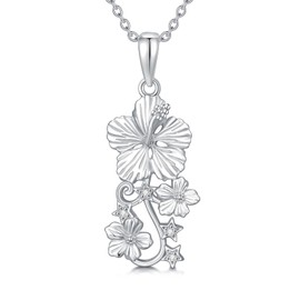 LWXIE Diamond Hibiscus Necklace 925 Sterling Silver Hibiscus Pendant Flower Pendant Necklace Jewelry Gifts for Women Wife Girlfriend, Sterling Silver, Diamond