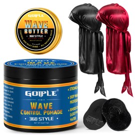 360 Wave Pomade Strong Hold 360 Training Hair Cream, Wave Greasy Wave Butter for Men Pocket Palm Brush Curved Wave Brush Silky Durags for Men Extra Long Tails Wave Brush Wave Cap Set
