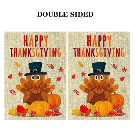 Bandera de jardín de pavo de Acción de Gracias de otoño, decoración de patio, arpillera, calabaza, doble cara, 12.5 x 18 pulgadas