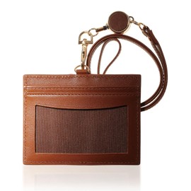 BLUE SINCERE ID Card Holder Employee ID Case Name Tag Case Genuine Leather Women's Name Holder Neck Strap with Stretch Reel Pass Case 4 Card Storage / ID1, retro camel