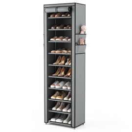 VTRIN Vertical Narrow Shoe Rack Organizer Tall Shoe Rack for Closet Entryway 10 Tier Non-Woven Cover Shoe Shelf Holds 20-22 Pairs Free Standing Shoe Storage Cabinet with Dustproof Cover, Grey