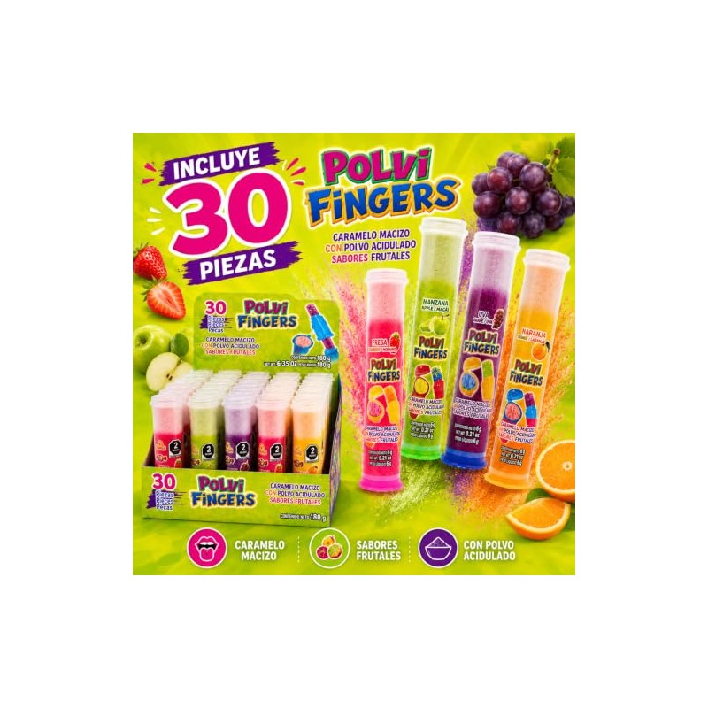 Polvi Fingers 30 piezas, Caramelo Macizo con Polvo Acidulado, Sabores